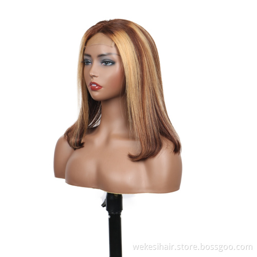 Highlight Color Lace Front Human Hair Wigs 150% Density Brazilian Virgin Straight Hair Blonde Short Bob Glueless T Lace Wigs